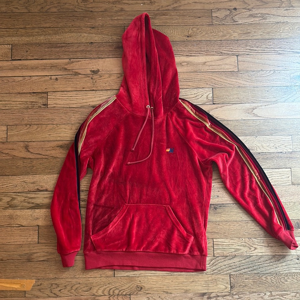 Aviator Nation Red Velour Hoodie with Stripes